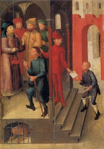 Weingarten Holy Blood Panel from 1489. Landesmuseum Württemberg, Stuttgart. Panel 10: Adilbero Reports the Divine Revelation to the Notables of Mantua (According to Legend in 1048)